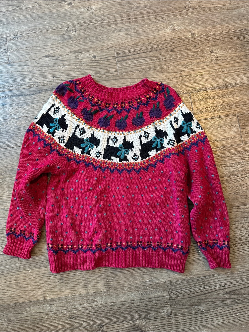 Women's Red Fair Isle Crewneck Sweater with Dog Motif